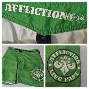 Affliction Men Shorts 34 Green Board Shorts Skeleton Crow Grunge MMA Y2K